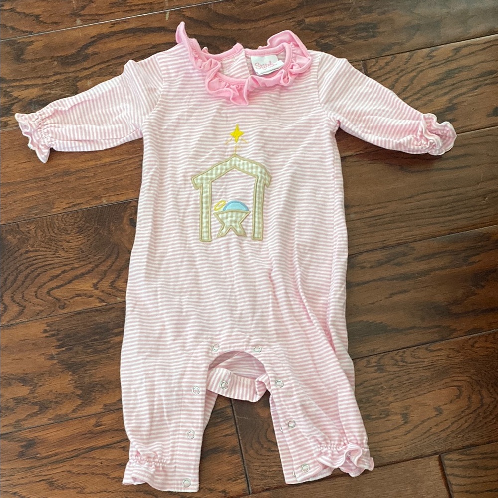 Stitchy Fish Pink Christmas Manger romper 6M